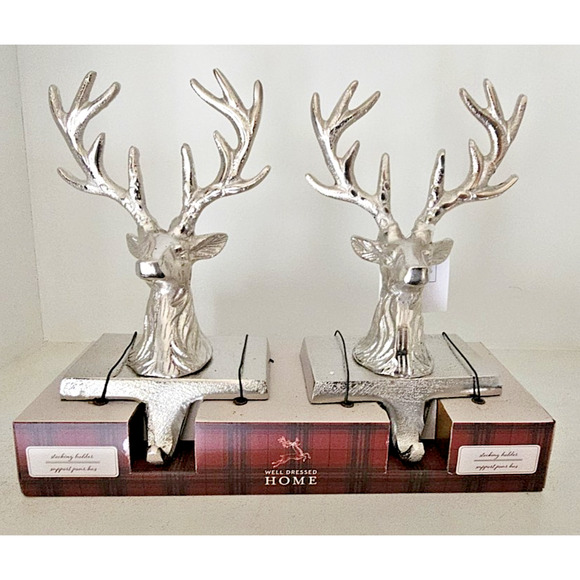 2 Pc Reindeer Elk Buck Silver Decor Stocking Holders New - Picture 1 of 1